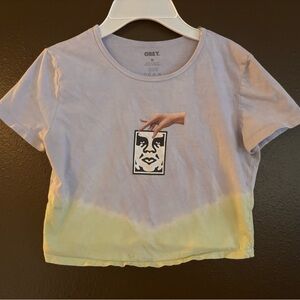 Obey Lavender to Pale Yellow Dip-Dye Cropped Tee with Face Graphic